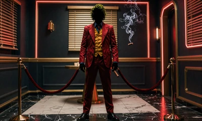 Joker-Silhouette im roten Anzug hinter Samtseil in dunkler VIP-Lounge