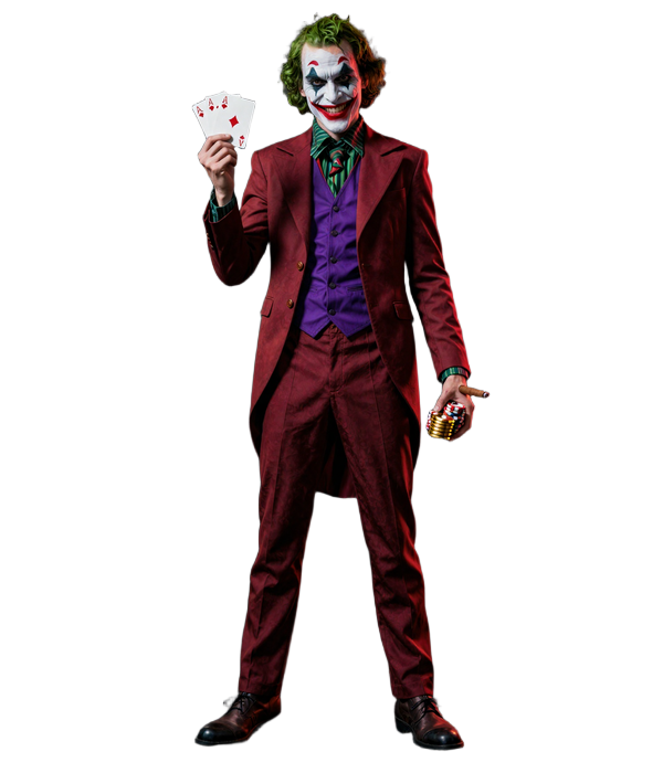 Jokery Casino Joker-Maskott im roten Anzug mit Kartenf&auml;cher und Casino-Chips in noir-Beleuchtung