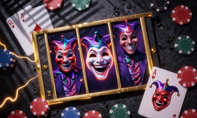 HA HA HA Joker-Slot-Sektion mit lachenden Masken und Spielkarten in Neon-Beleuchtung