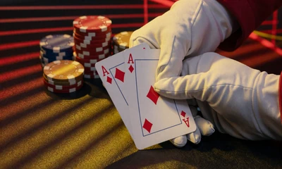 Joker-Hand mit roter Spielkarte und Casino-Chips auf schwarzem Untergrund