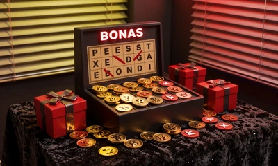 Bonus-Shop mit goldenen M&uuml;nzen und Freispiel-Token auf schwarzem Samt