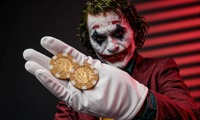 Joker-Hand mit goldenen Casino-Chips in noir-Beleuchtung
