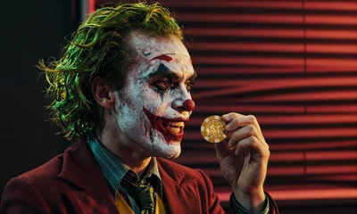 Joker-Gesicht im Profil mit goldenem Casino-Chip in noir-Beleuchtung